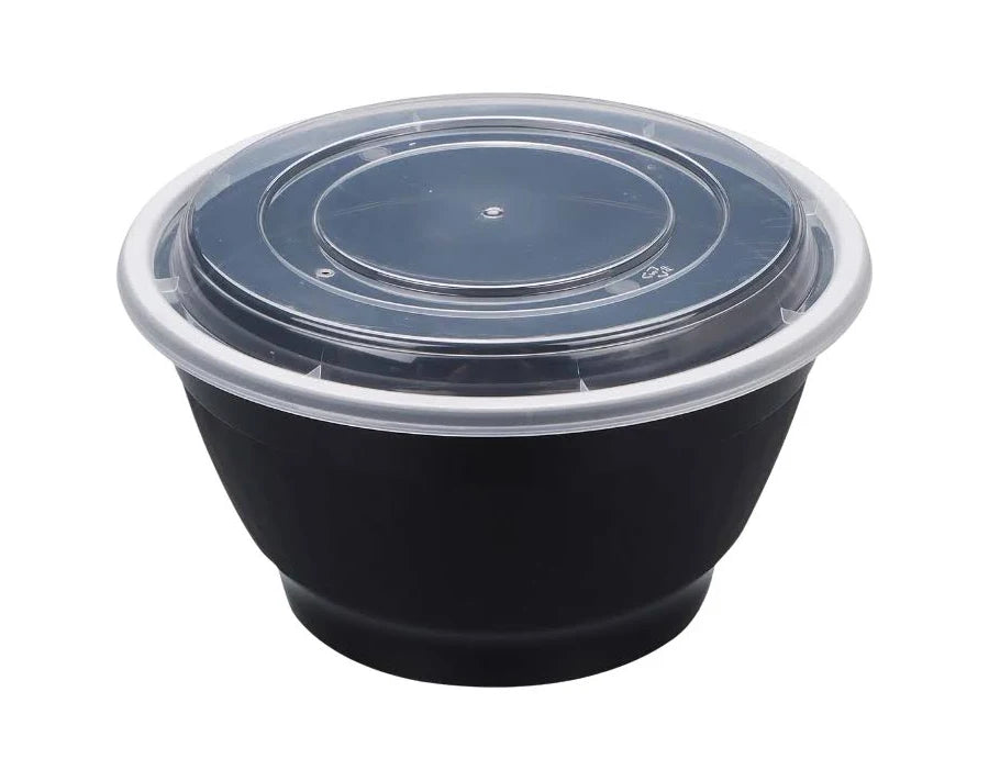 48oz Black Round Microwavable Container with Lid – 150/Case