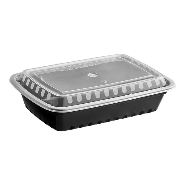 28oz Black Rectangular Microwavable Container with Lid – 150/Case