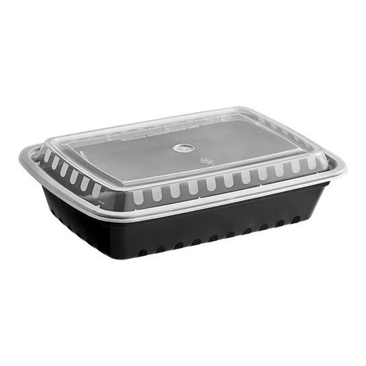 28oz Black Rectangular Microwavable Container with Lid – 150/Case