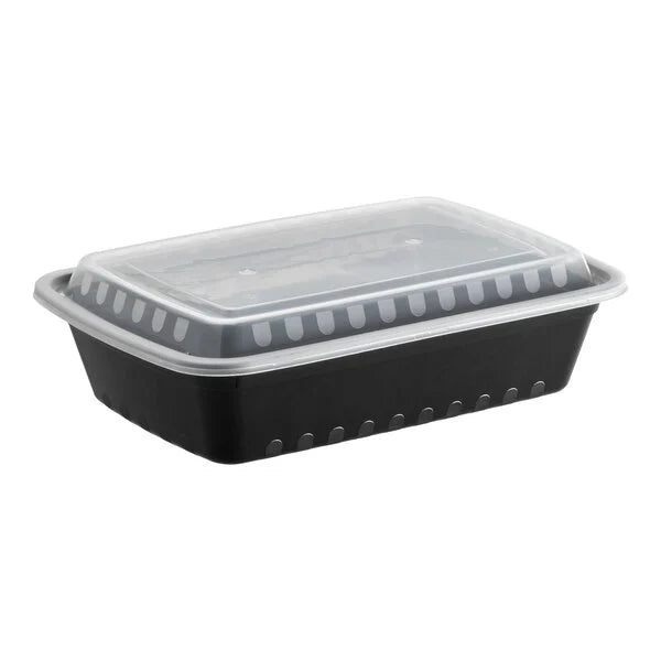 38oz Black Rectangular Microwavable Container with Lid – 150/Case