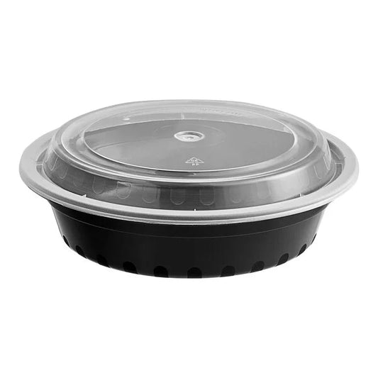 24oz Black Round Microwavable Container with Lid – 150/Case